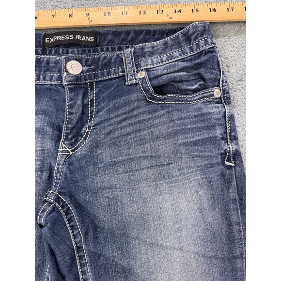 Express Stella Jeans Women 8L (32x33) Blue Stitch Whiskered Barely Boot Denim - Picture 5 of 9